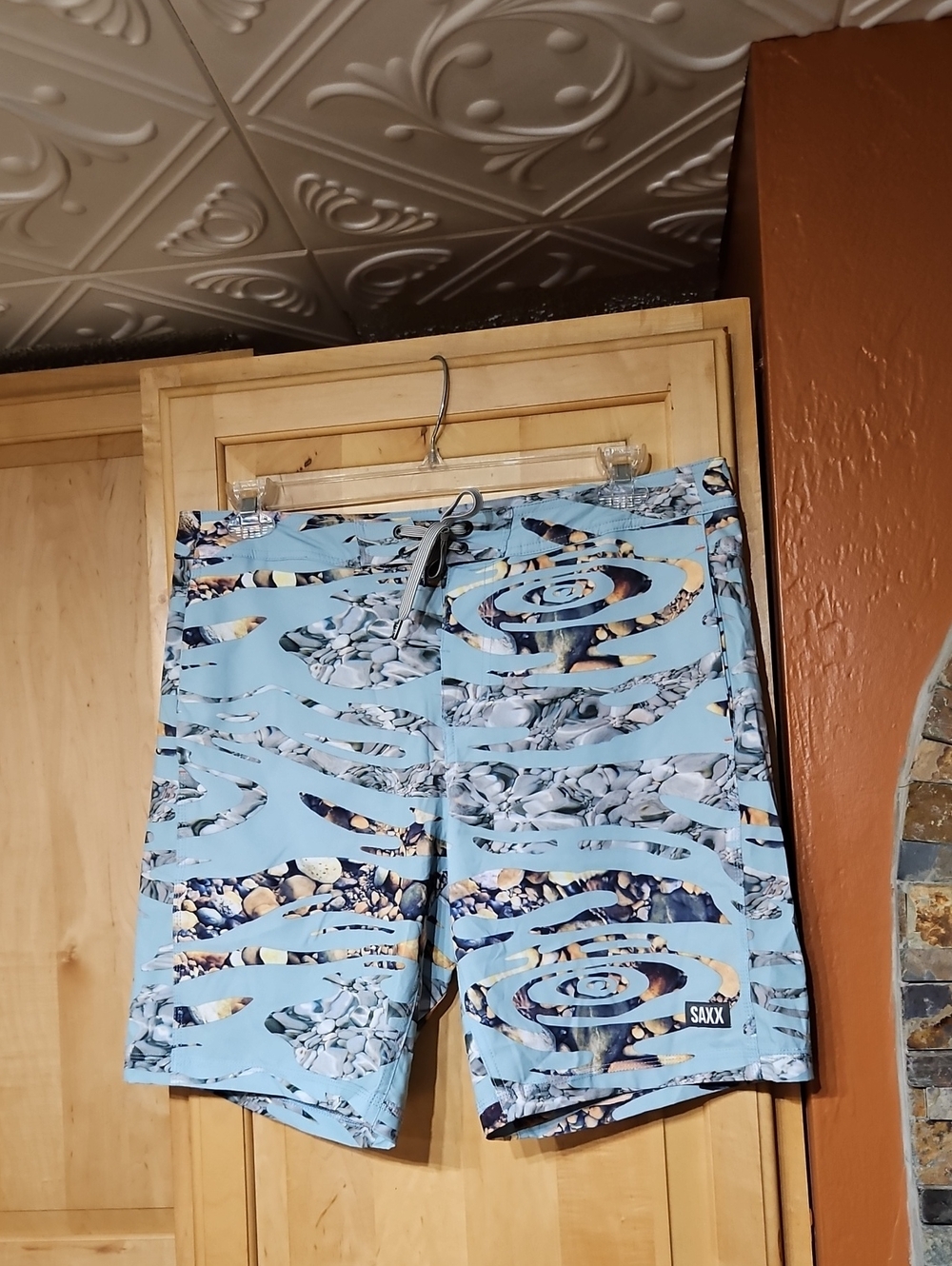 SAXX Ballpark Pouch Betawave 2N1 Boardie 19" Board Shorts Swim Blue Rocks Print